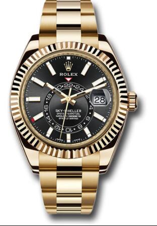 Replica Rolex Yellow Gold Sky-Dweller Watch 326938 Black Index Dial - Oyster Bracelet - Click Image to Close